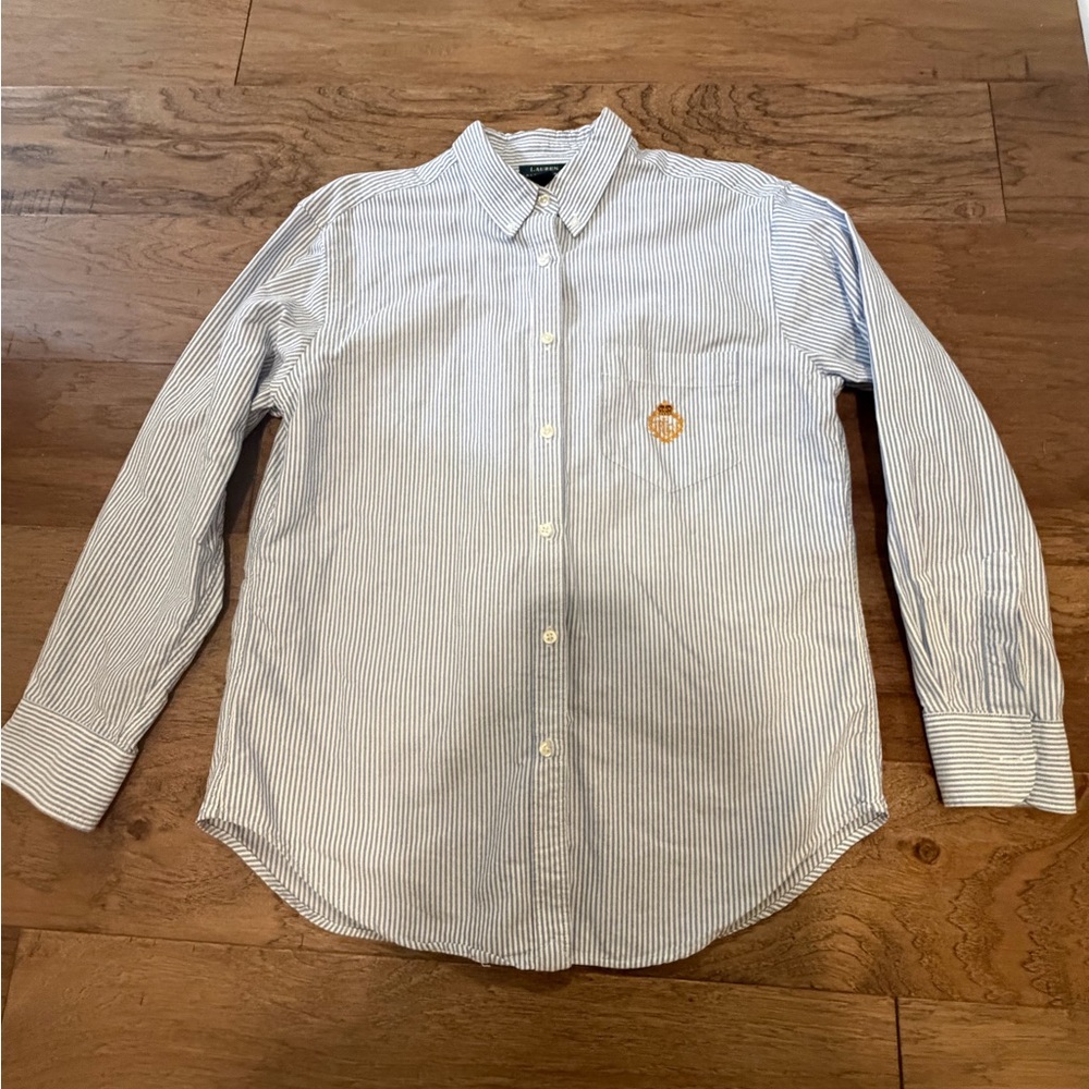Ralph Lauren Blue & White Striped Cotton Poplin Button-Down Shirt Women’s 12